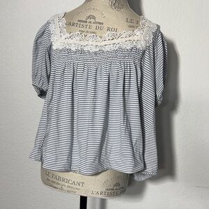 Anthropologie Navy and White Striped Blouse with Lace